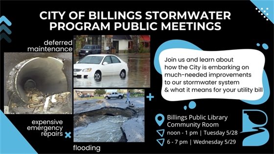 Public Works will host meetings on stormwater program updates at the library community room on Tuesday, 5/28 from noon to 1 and Wednesday, 5/29 from 6 to 7pm
