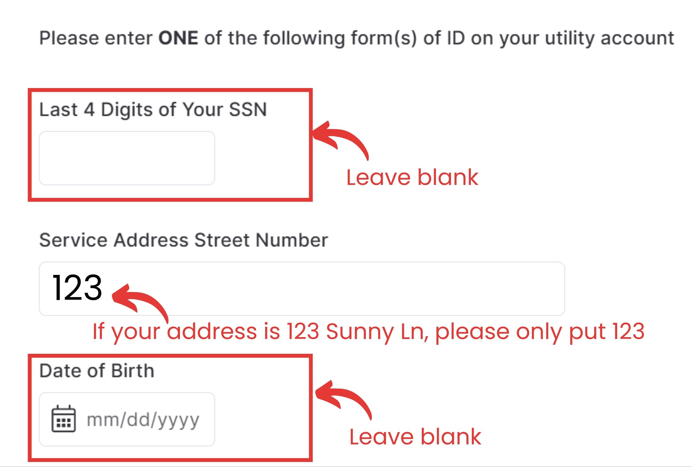 Verification screen for online portal, requesting you enter one form of identification