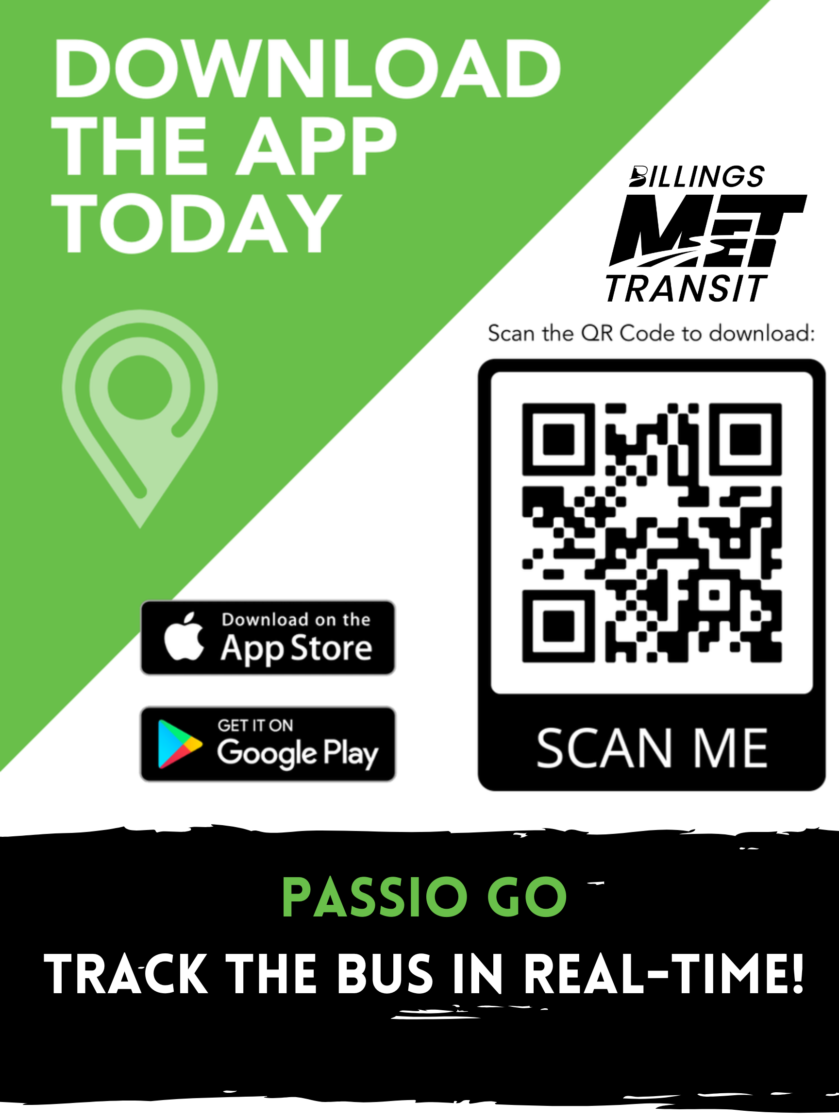Passio Go App, available for both Apple Store and Google Play, Passio Go allows riders to track the bus in real-time, QR Code to App Store